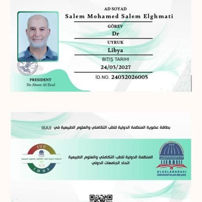 عضوية جديدة.تبارك المنظمة الدولية للطب التكاملي والعلوم الطبيعية في اتحاد الجامعات الدولي بانضمام الدكتور سالم محمد سالم الغماطي إلى عضوية المنظمة،وتتقدم له بأصدق التهاني والتبريكات بهذه المناسبة العلمية المميزة،سائلين الله له دوام التوفيق والنجاح في مسيرته العلمية والبحثية.كما تؤكد المنظمة أن هذه العضوية تترتب عليها كافة الحقوق والامتيازات الممنوحة لأعضائها،بما يسهم في تعزيز دوره في خدمة العلم وتطوير مجالات الطب التكاملي والعلوم الطبيعية.…
