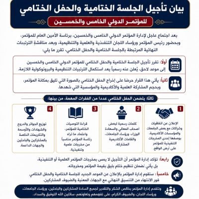 بيان هامتأجيل الجلسة الختامية والحفل الختامي للمؤتمر الدولي الخامس والخمسين